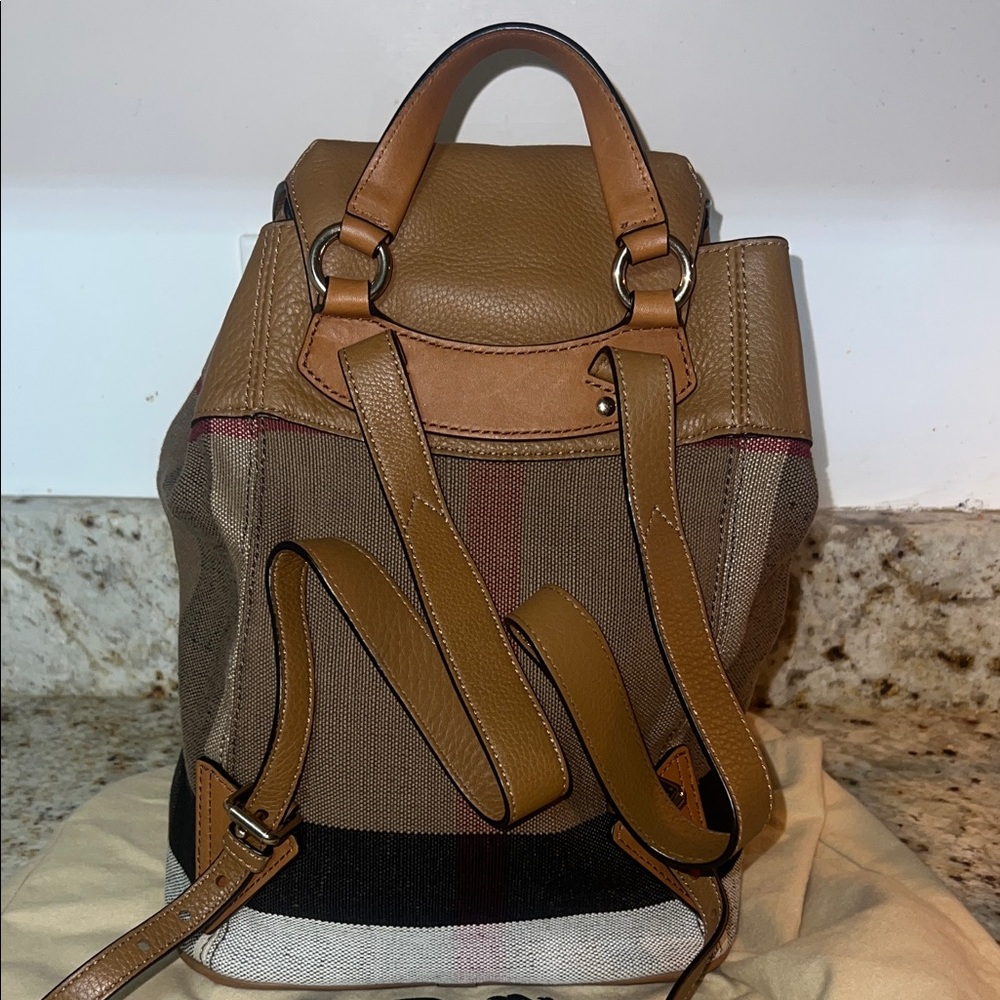 Burberry Tan & Brown Canvas Drawstring Backpack with Leather Trim - Picture 4 of 7